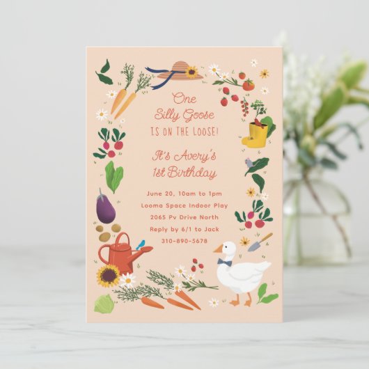 Invitation Un Silly Goose Peach Farmer Jardin Thème Anniversa (Debout devant)