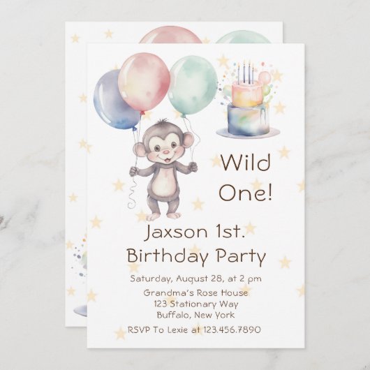 Invitation Un singe sauvage et des ballons 1er. Fête d'annive (Devant / Derrière)