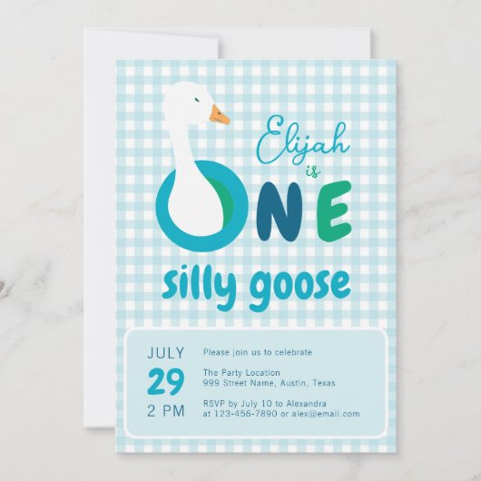 Invitation Un sot Goose Blue Plaid Boy 1er fête d'anniversair (Devant)