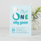 Invitation Un sot Goose Blue Plaid Boy 1er fête d'anniversair (Debout devant)