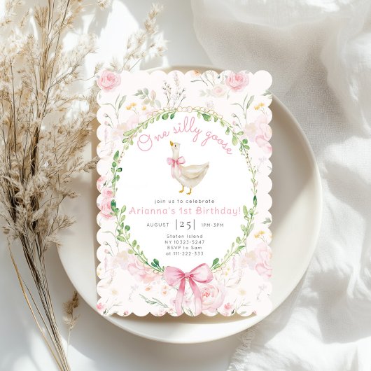 Invitation Un sot oie Blush rose Bow fille 1er anniversaire