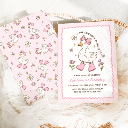 Invitation Un sot oie rose Bow Floral 1er anniversaire