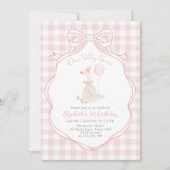 Invitation Un sot Oie rose Bow premier anniversaire (Devant)