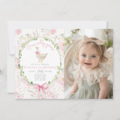 Invitation Un sot oie rose pâle Bow Photo 1er anniversaire (Devant)