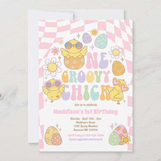 Invitation Un Super Chick Spring Daisy 1ère fête d'anniversai (Devant)