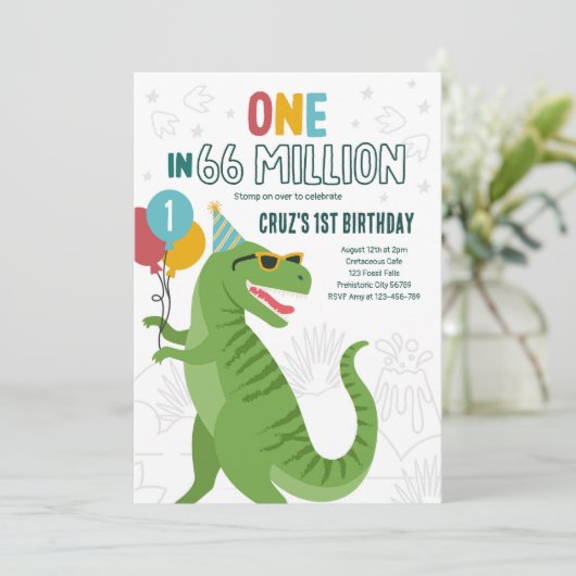 Invitation Un Sur 66 Millions De Dinosaures T-Rex 1er Anniver (Debout devant)