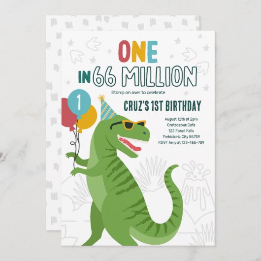 Invitation Un Sur 66 Millions De Dinosaures T-Rex 1er Anniver (Devant / Derrière)
