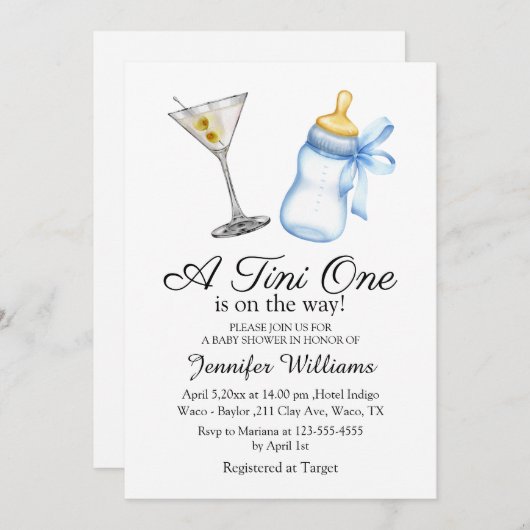 Invitation un tini est en route, baby shower garçon martini (Devant / Derrière)