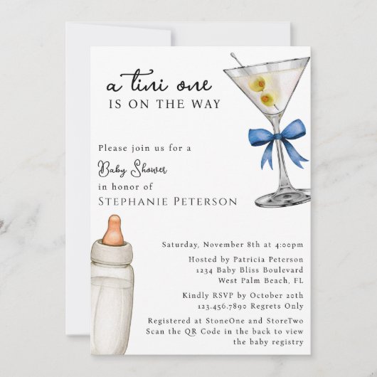 Invitation Un Tini One Blue Martini thème QR Code Baby shower (Devant)