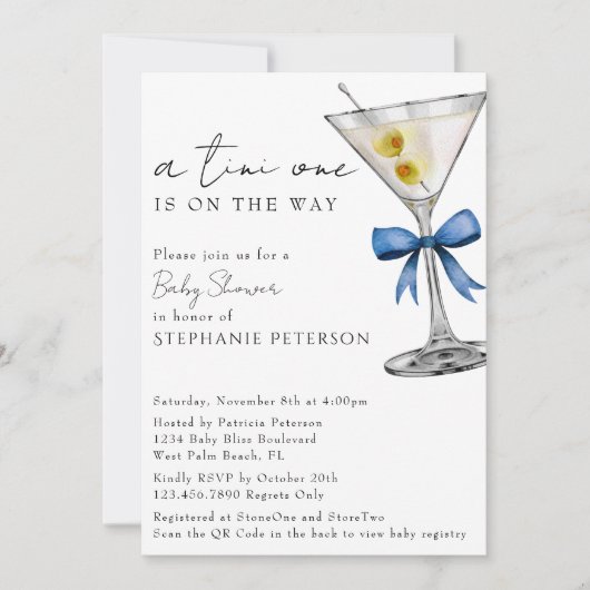 Invitation Un Tini un simple code QR Baby shower Blue Martini (Devant)