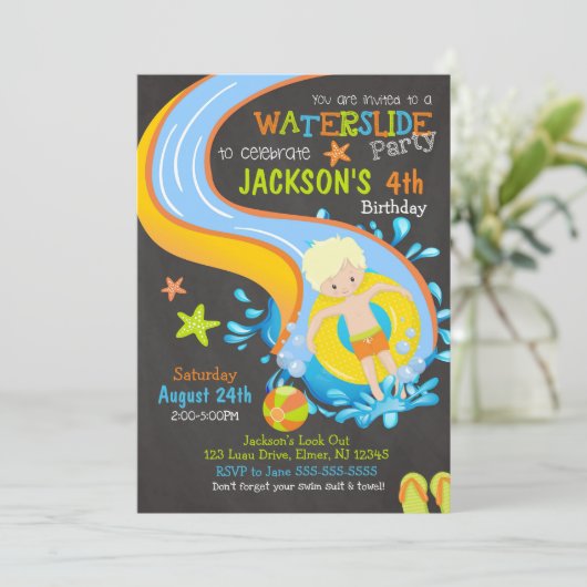 Invitation Un toboggan Anniversaire / Pool Party / Garçon (Debout devant)