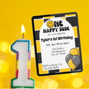 Invitation Un type heureux, 1er anniversaire noir et jaune