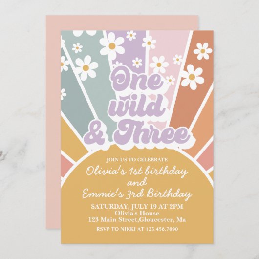 Invitation Un Wild et trois Retro Sunshine Rainbow Daisy (Devant / Derrière)