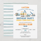 Invitation Under Construction Twin Boys Birthday, Trucks (Devant / Derrière)