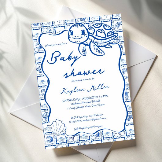 Invitation Under the sea cute turtle blue baby shower