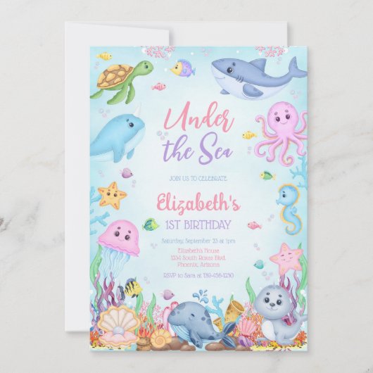 Invitation Under the Sea Ocean Animals Theme Birthday  (Devant)