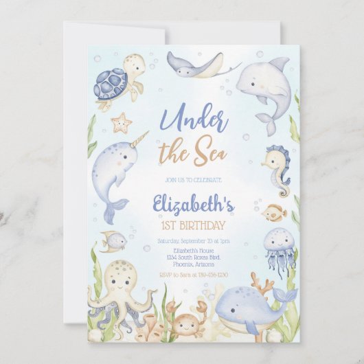 Invitation Under the Sea Ocean Animals Theme Birthday  (Devant)