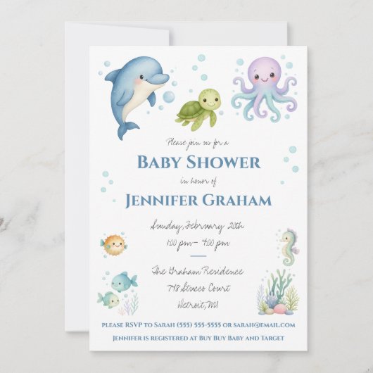 Invitation Under the Sea, Ocean Creatures Baby Shower (Devant)