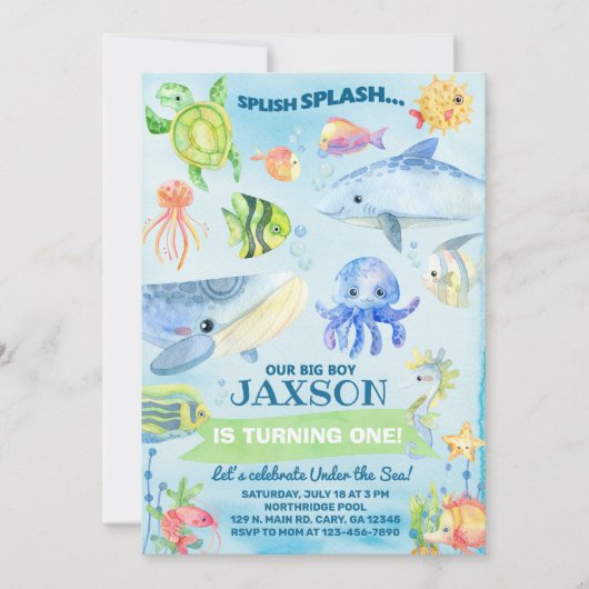 Invitation Under the Sea ocean life boy birthday invite. (Devant)
