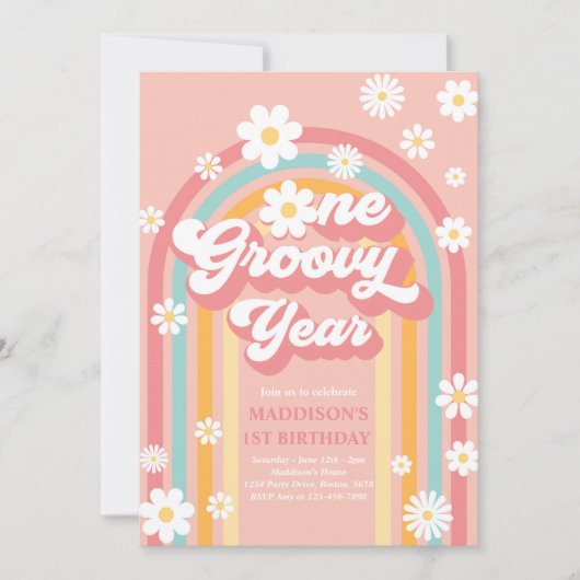 Invitation Une année Super Boho Daisy Rainbow 1er anniversair (Devant)