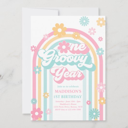 Invitation Une année Super Boho Daisy Rainbow 1er anniversair (Devant)