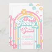 Invitation Une année Super Boho Daisy Rainbow 1er anniversair (Devant / Derrière)