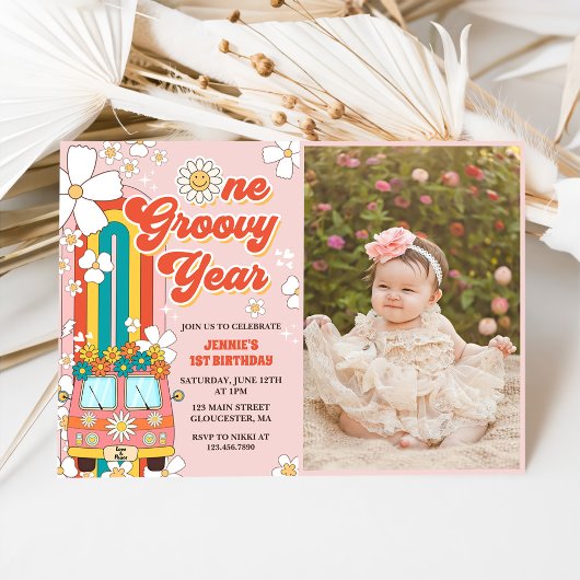 Invitation Une année Super Retro Rainbow 1er Anniversaire Pho
