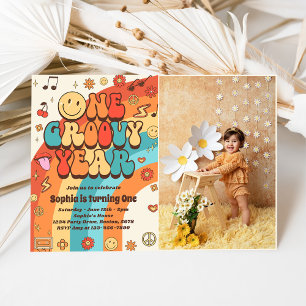 Invitation Une année Super Retro Rainbow 1er Anniversaire Pho