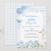 Invitation Une Aquarelle d'oie soie Premier Anniversaire bleu (Devant / Derrière)