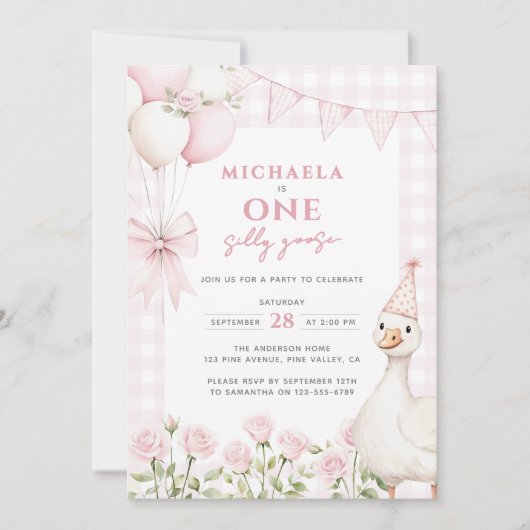 Invitation Une Aquarelle d'oie soie rose premier anniversaire (Devant)