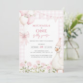 Invitation Une Aquarelle d'oie soie rose premier anniversaire (Debout devant)