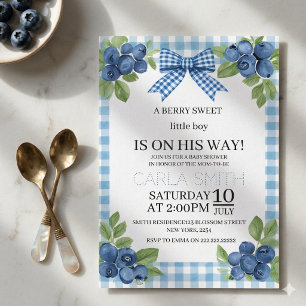 Invitation Une Baby Shower Bleue Gingham pour un Petit Garçon