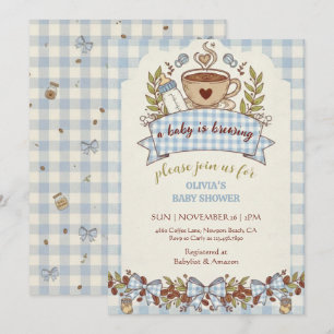Invitation Une Baby Shower Café Gingham "Un Bébé se Prépare"