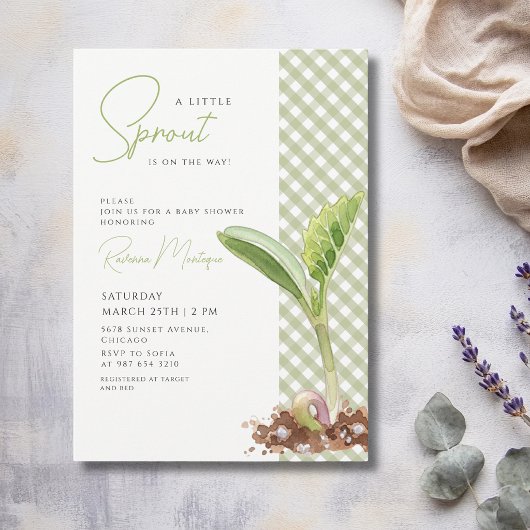 Invitation Une Baby Shower Gingham Vert 'Un Petit Germe'