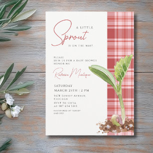 Invitation Une Baby Shower 'Un Petit Germe' à carreaux rouges