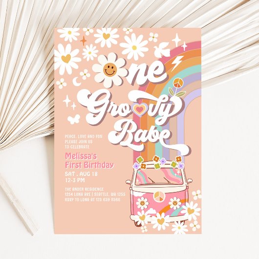 Invitation Une Bébé Groovy Daisy Rainbow 1er Anniversaire