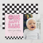 Invitation Une Bébé Heureuse Visage Heureux Rose Photo (Devant / Derrière)