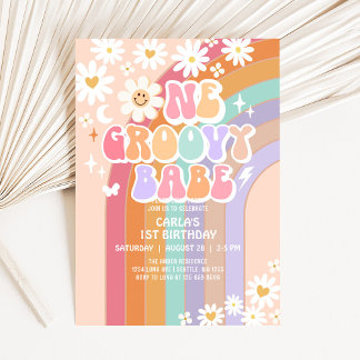 Invitation Une bébé super Daisy Rainbow Rétro 1er Anniversair