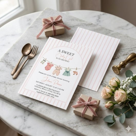 Invitation Une corde à linge bébé fille douce Rose rayé 