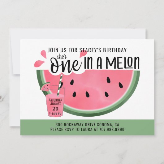 Invitation Une dans un Melon rose vert Aquarelle 1er annivers (Devant)