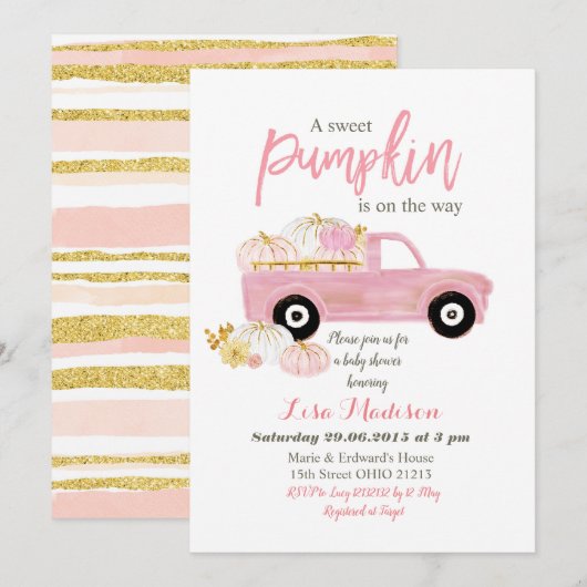 Invitation Une douce Citrouille rose est en route Baby Shower (Devant / Derrière)