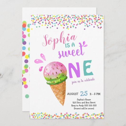 Invitation Une douce fille Premier anniversaire Crème de glac (Devant / Derrière)