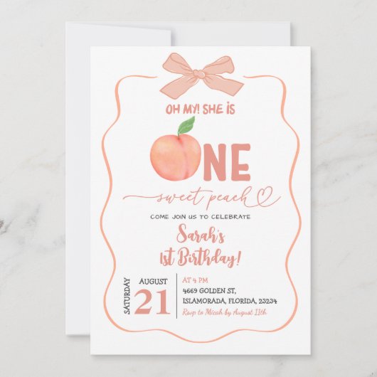 Invitation Une douce Pêche Bow Coquette fille premier anniver (Devant)