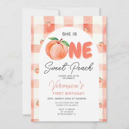 Invitation Une douce pêche fête d'anniversaire Boho En vichy (Devant)