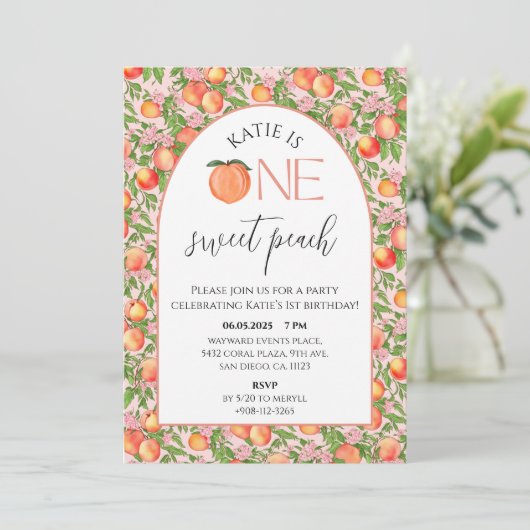 Invitation Une douce Pêche Première fête d'anniversaire (Debout devant)