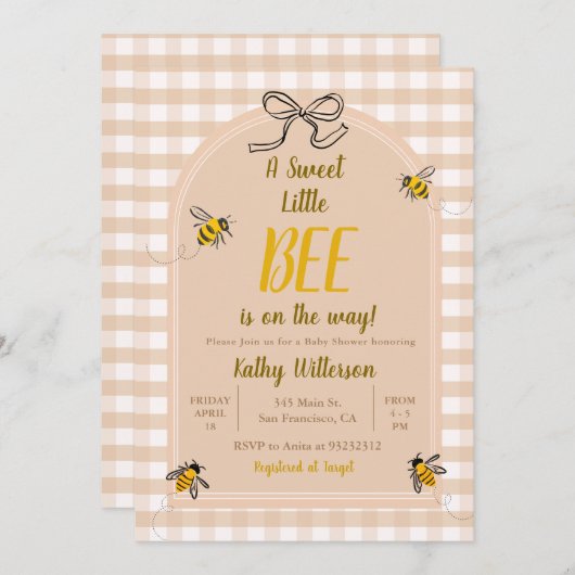 Invitation Une douce petite abeille En vichy Baby shower (Devant / Derrière)
