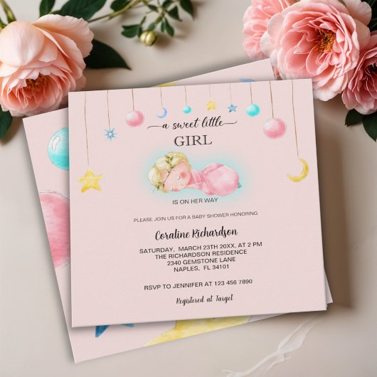 Invitation Une douce petite fille Baby shower rose