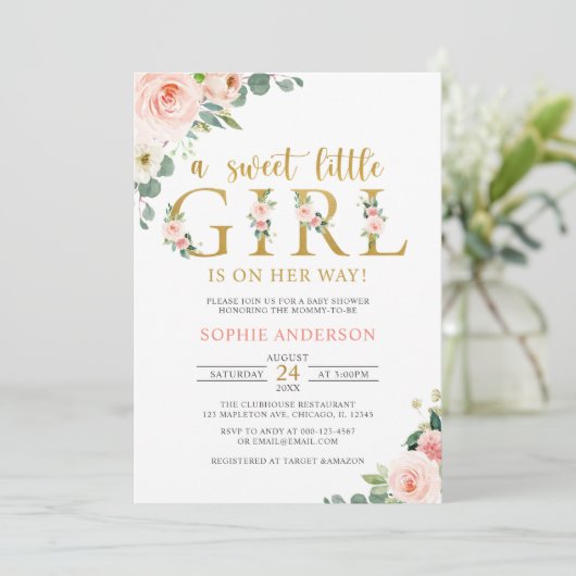 Invitation Une douce petite fille Blush Gold Floral Baby show (Debout devant)