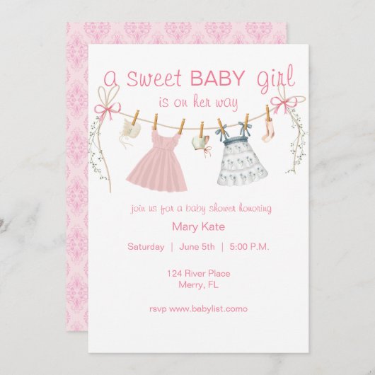 Invitation Une douce petite fille en chemin, baby shower invi (Devant / Derrière)
