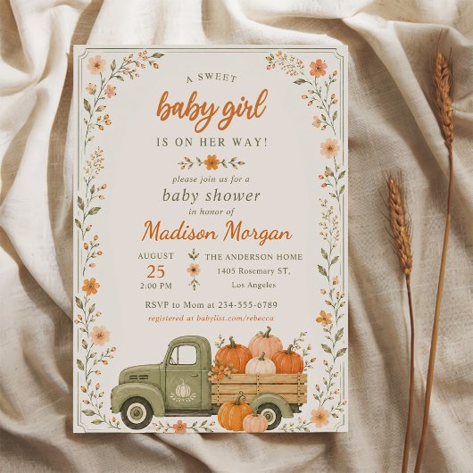 Invitation Une douce petite fille Fête de bébé Citrouille